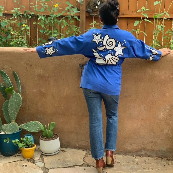 ibe Vintage 1980s Blue Linen Sea Shell Blazer Size 6 Novelty Print - Picture 6 of 12